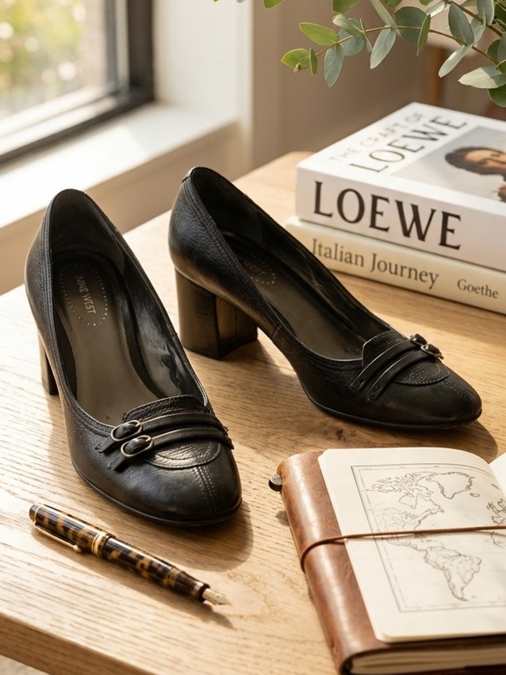 Nine West Black Leather Block Heel Pumps with Buckle Detail - Size 7.5